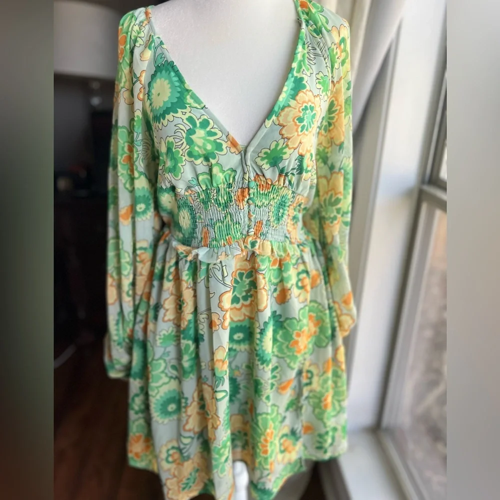 ASOS Green Orange Floral Open Back Smocked Mini Dress 70s Retro 4
